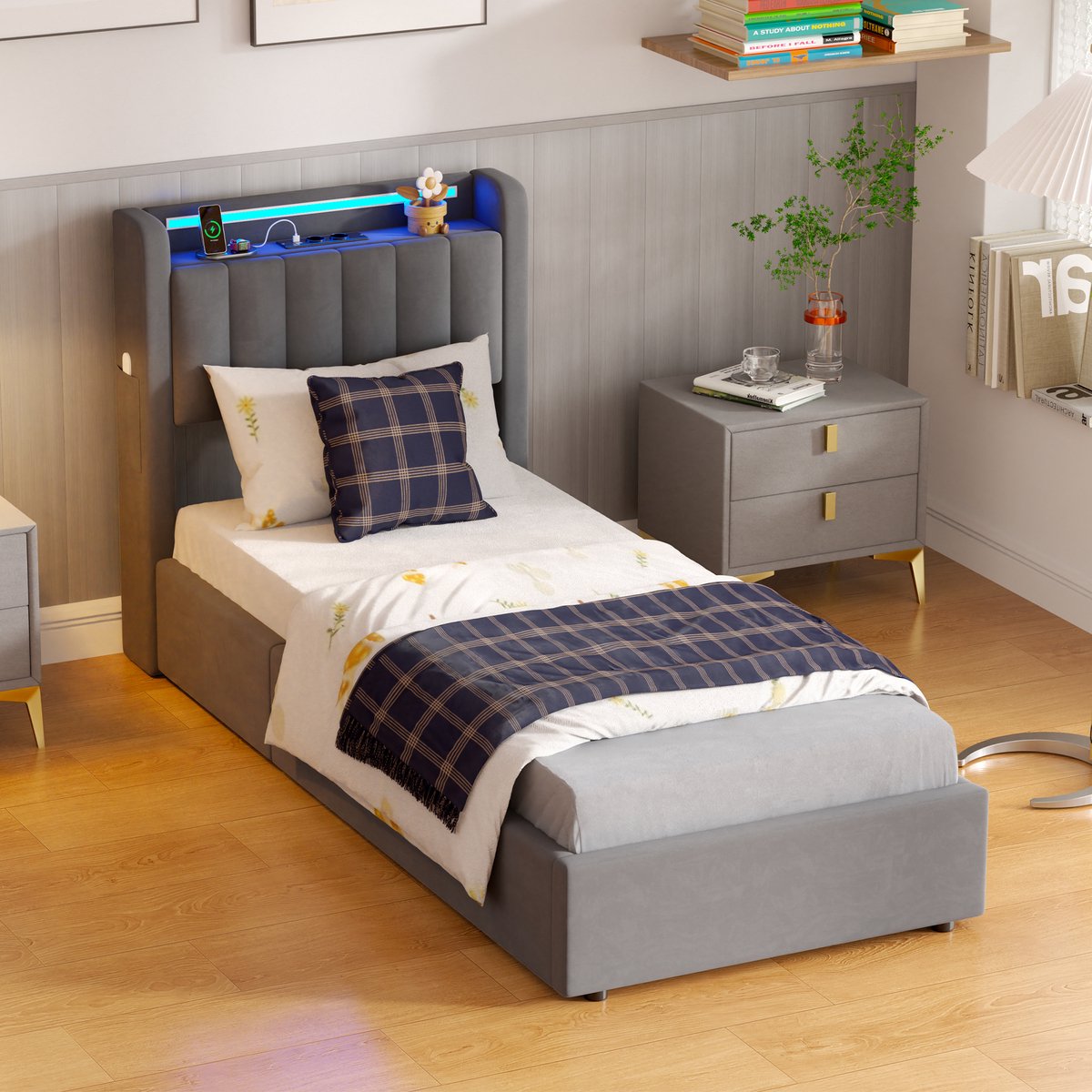 DESMIU Gestoffeerd Bed 90x200 Cm - Hydraulisch Bed Met Ledverlichting En Usb-Oplaadstation - Opbergruimte Onder Bed - Jeugd Slaapkamer - Fluweel - Zonder Matras - Neutraal Grijs
