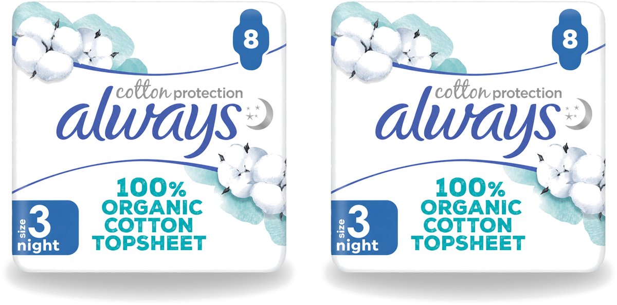 2 x Always - Maandverband - Night - Cotton Protection - Met Vleugels - 8 Maandverband - Voordeelverpakking - 2 stuks