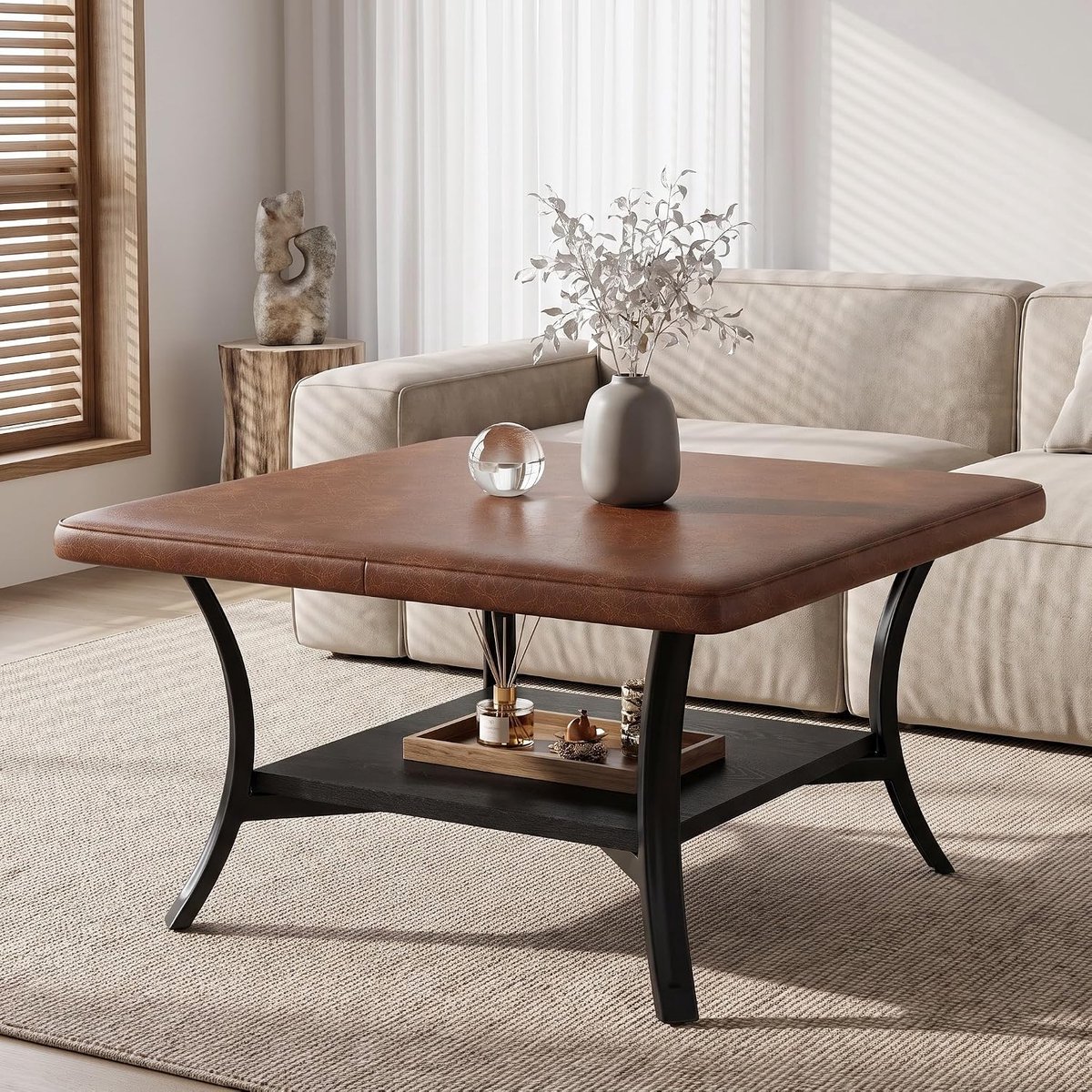 Tribesigns vierkante Salontafel - 80 x 80 x 50 cm - gestoffeerde poef van PU-leer - Salontafel met Opbergplank - whiskybruin en zwart - Tafel voor Woonkamer, Thuiskantoor
