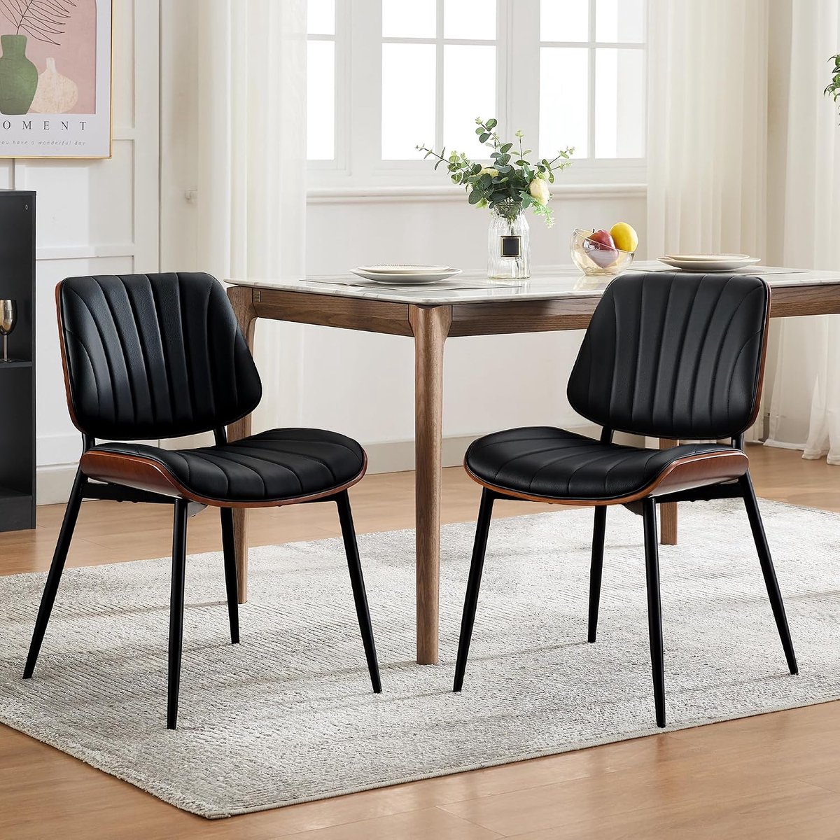 Eetkamerstoelen Set van 2 - Zwart PU Leer Notenhout & Metaal 136kg