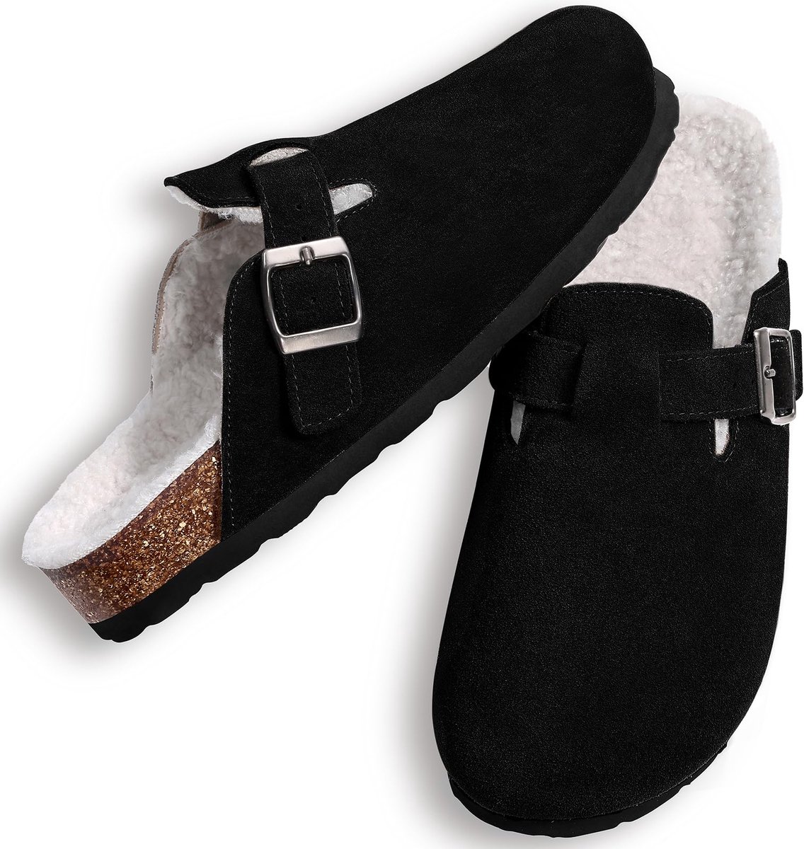 Olanly - Unisex Clogs - Warme Dames Winter Pantoffels - Koe suède - Houten Cogs -Zwart - 40 - Geschikt voor een voetlengte van 24.8cm