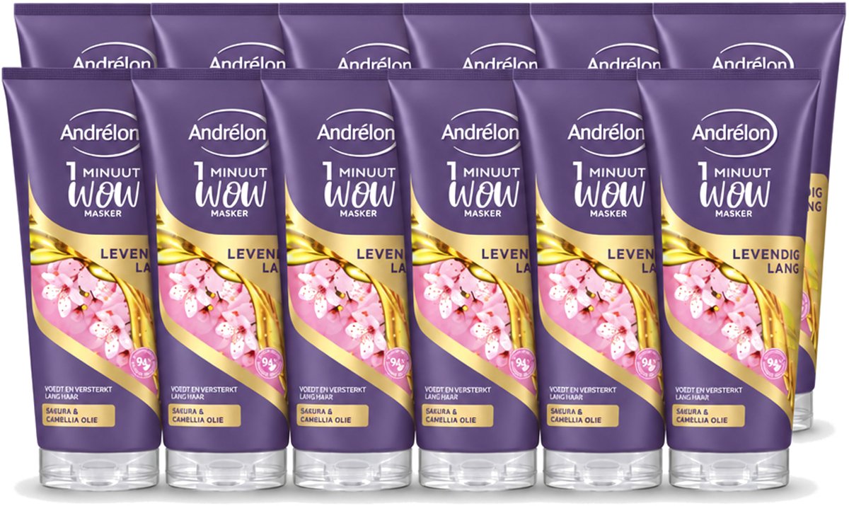 12 x Andrélon - WOW - Masker - Levendig Lang - 180 ml - Voordeelverpakking - 12 stuks