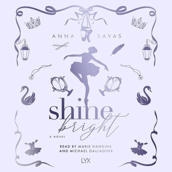 Boekomslag Shine Bright door Anna Savas met silhouet van ballerina, zwanen en linten in paarse tinten.