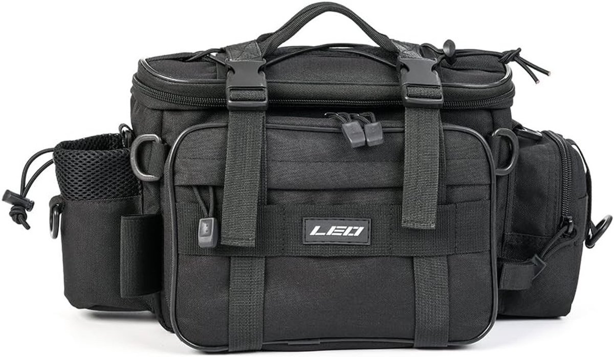 Multifunctionele Visgerei Tas voor Buitenactiviteiten, Schoudertas, Heuptas en Lure Organizer, Zwart en Modern