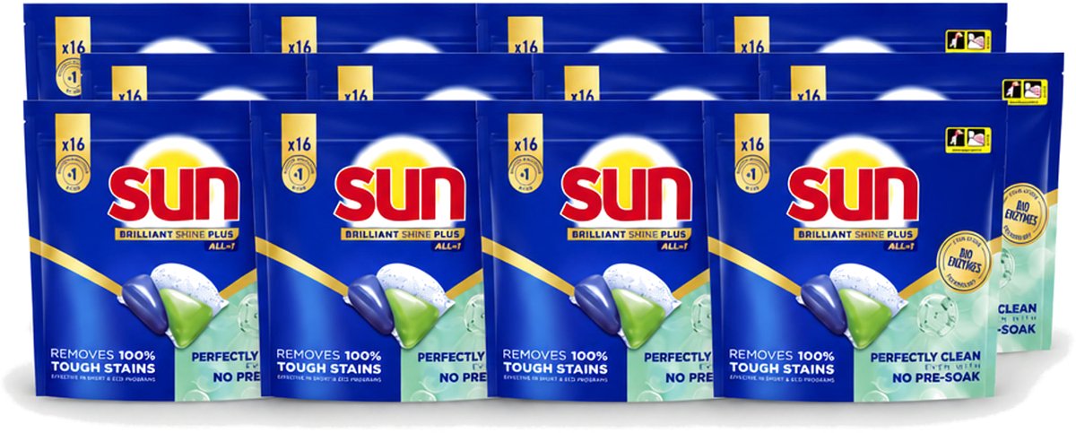 12 x Sun – Vaatwascapsules – Brilliant Shine+ All-in-1 – 16 capsules - Voordeelverpakking - 12 stuks