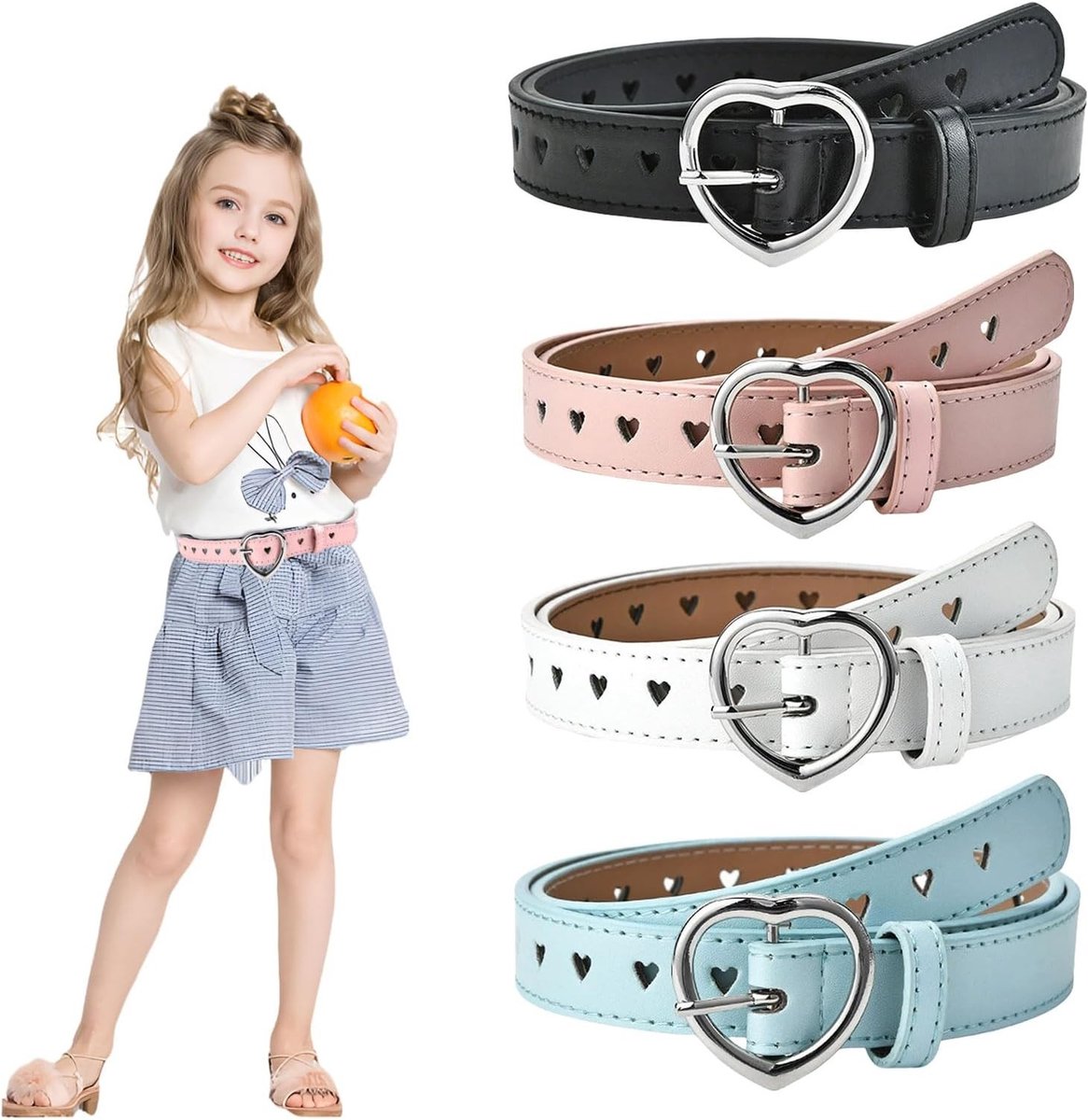 Schattige Hartvormige Kindergordels Set van 4, Verstelbare PU Leren Gordels met Metalen Sluiting, 95CM, Kleuren: Zwart, Wit, Blauw, Roze