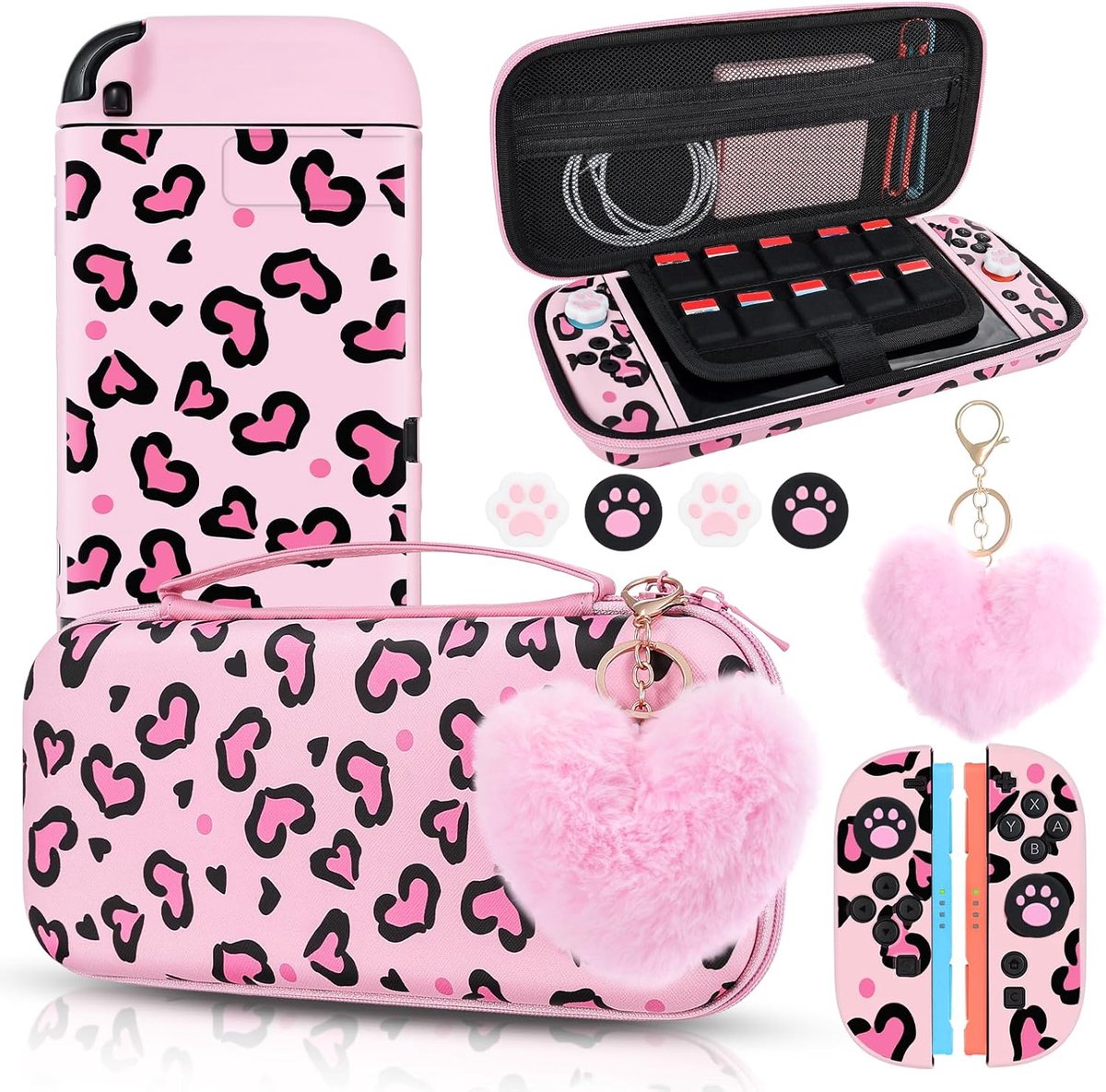 DLseego Carrying Case for Switch 2, Heart Leopard Portable Storage Travel Game Carrying Bag with NS 2 Dockable - ShopVlot