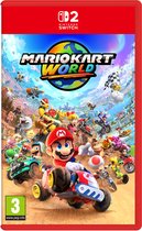 Nintendo Switch gamecover Mario Kart World met Mario op een kart, omringd door karakters en race-elementen.