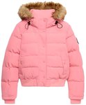 Roze Superdry gewatteerde bomberjas voor dames met een capuchon en imitatiebontkraag.