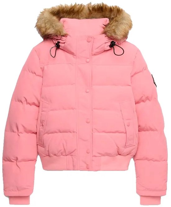 Roze Superdry gewatteerde bomberjas voor dames met een capuchon en imitatiebontkraag.