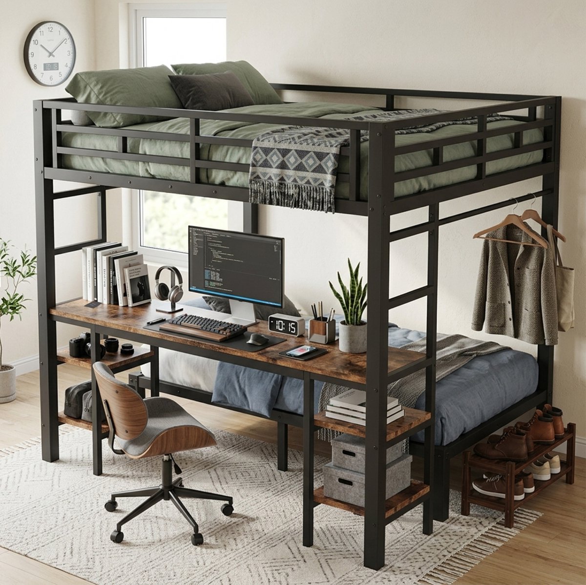 OKWISH Stapelbed 140x200cm En 90x200cm - Bureau Met Oplaadpunt - Kledingstang En Ladders - Metaal En Hout - Zwart Vintage - Zonder Matras