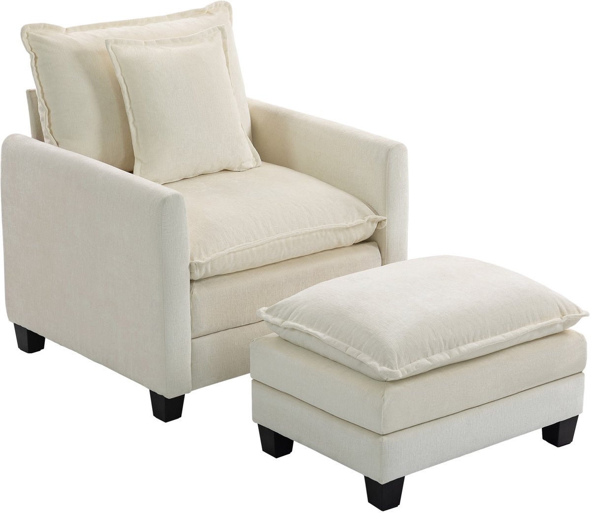 Hoohohoo Fauteuil met voetenbankje - Met hoofd- en armleuningkussens - Houten poten - Crème