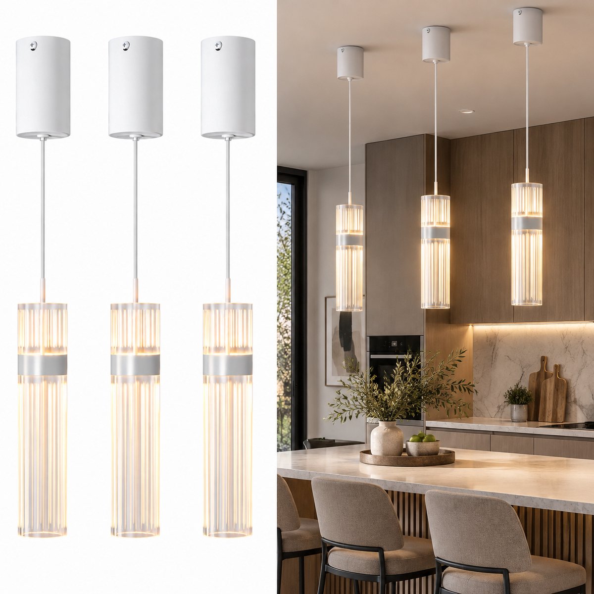 Set van 3 LED Hanglampen - 3-Lichts Hanglamp met 3 Kleurtemperaturen en Geheugenfunctie - Verstelbare Pendellampen met Acryl Design voor Eettafel Keuken Woonkamer - Wit