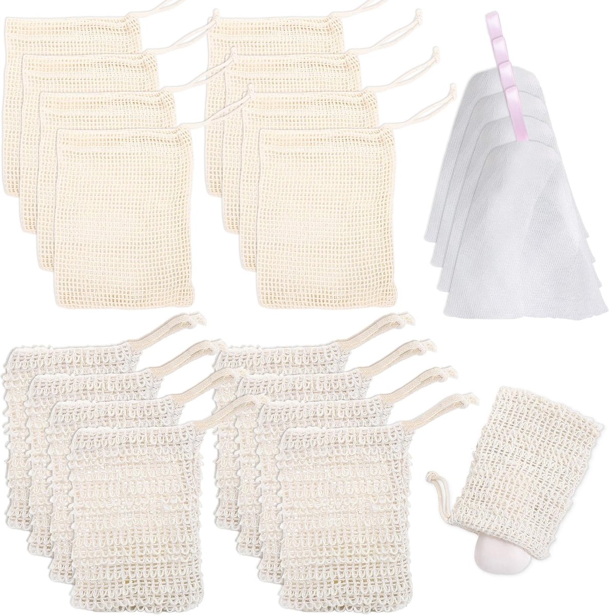 Zeepzakjes 20 Stuks - Sisal en Mesh - Koordsluiting - Perfect voor Douche en Bad - ShopVlot
