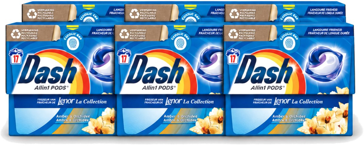 6 x Dash - Lenor Collectie - Wasmiddel Capsules - All-in-1 Pods - Witte en Gekleurde Was - Amber & Orchidee - 17 Wasbeurten - Voordeelverpakking - 6 stuks