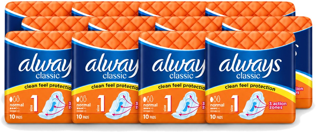 12 x Always Classic - Maandverband - Normaal met Vleugels - 10 Maandverbandjes - Voordeelverpakking - 12 stuks