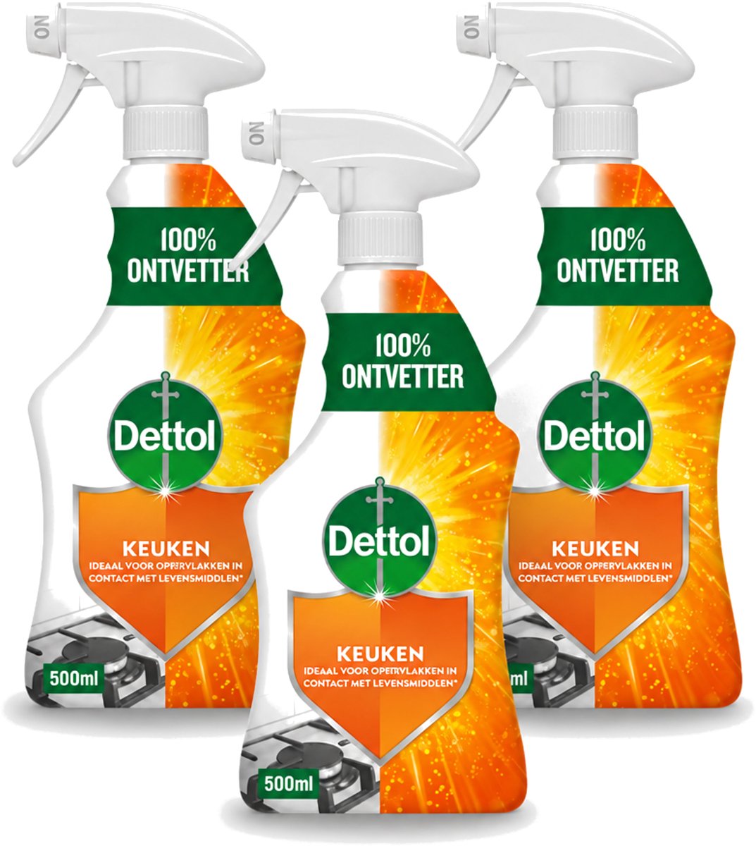 3 x Dettol - Allesreiniger - Spray - Power Keuken - 100% Ontvetter - 500ml - Bulkverpakking - 3 stuks