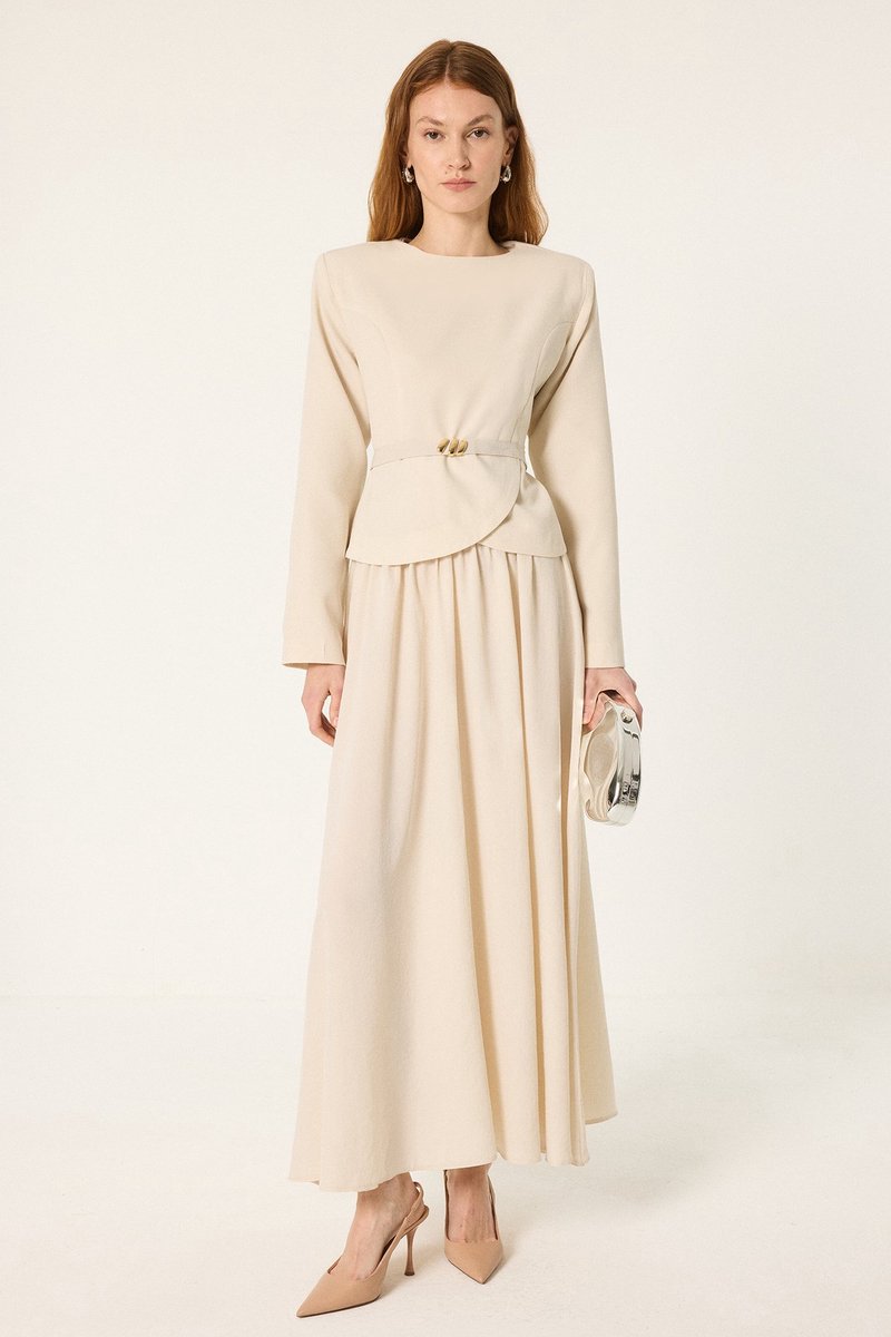 Touché Privé - Set van peplum blouse en rok met riem - Stone - Dames