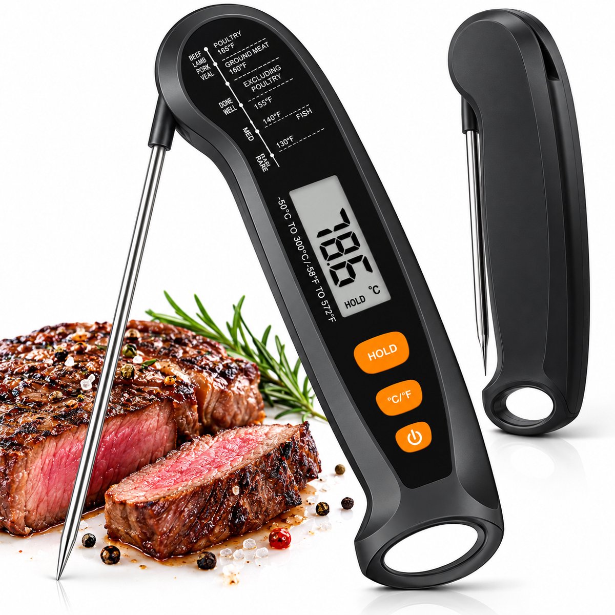 Digitale Keukenthermometer - Zeer nauwkeurige thermometer voor koken met roestvrijstalen sonde voor braden, grillen en koken. Meetbereik -50 °C tot 300 °C.