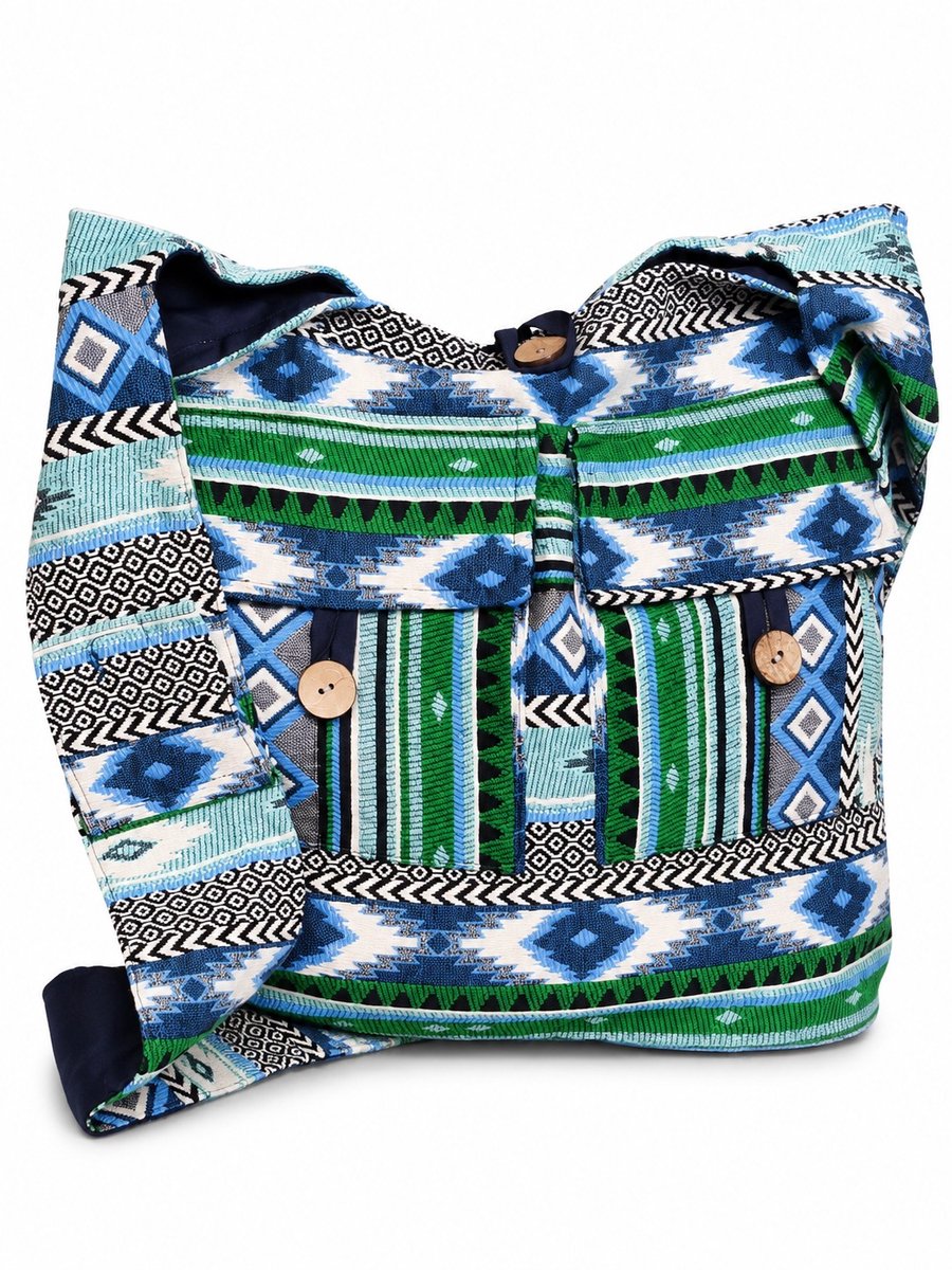 Hobotas Geweven Stof met Etnisch Patroon Groenblauw - met ritssluiting - (bxhxd) ca. 37cm x 33cm x 10cm