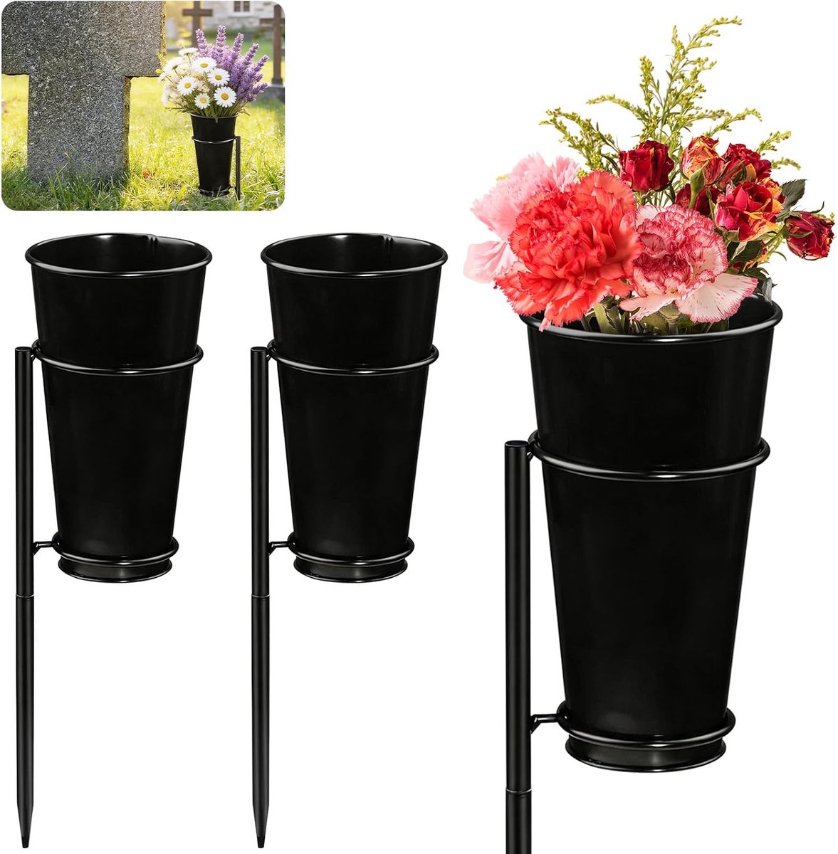 Grafvaas set 2 stuks - metalen herdenkingsvazen - stabiele grondpen - waardige decoratie - ShopVlot
