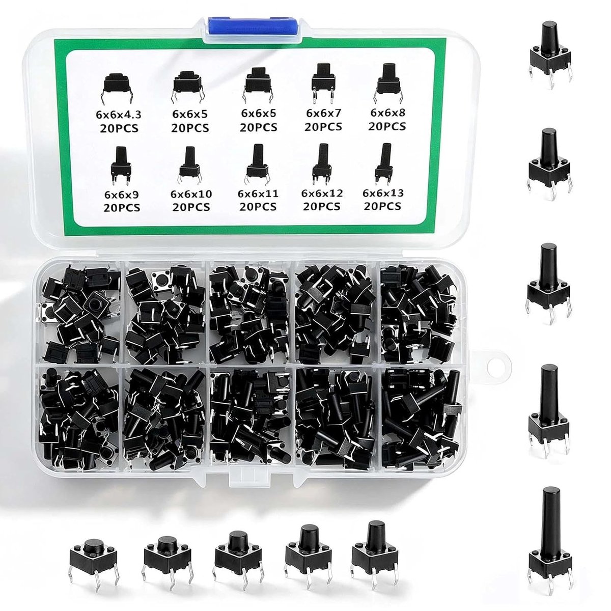 Tactiele drukknop schakelaar set 200 stuks - Micro schakelaar 6x6 mm - 10 maten in opbergdoos - ShopVlot