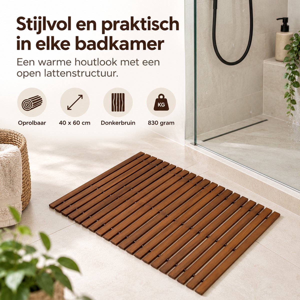 Houten Douchemat 40 x 60 cm – Oprolbare Badmat van Hout – Donkerbruin – Houten Badkamermat voor Douche & Badkamer – Donker Bruin — cadeau in Wonen & Interieur - foto 5