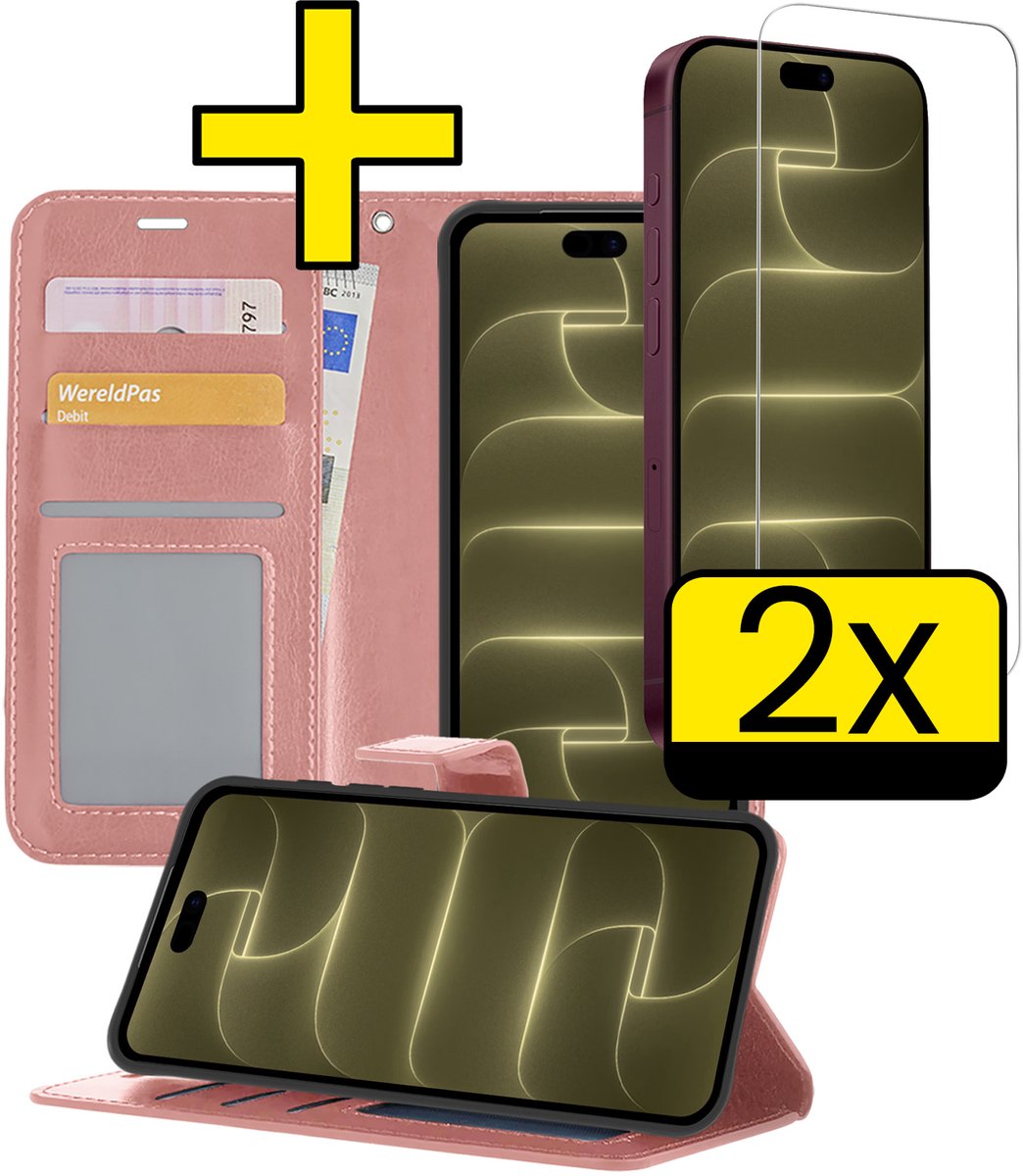 Hoesje - Met 2x Screenprotector - Geschikt voor Apple iPhone 18 Pro Max - Luxe Pasjeshouder - Bookcase Portemonee - Flip Case - Kunstleer Book Case - Flipcase Hoes - Book Cover - Walletcase - Portemonneehoes - Telefoonhoesjes - Rosé goud