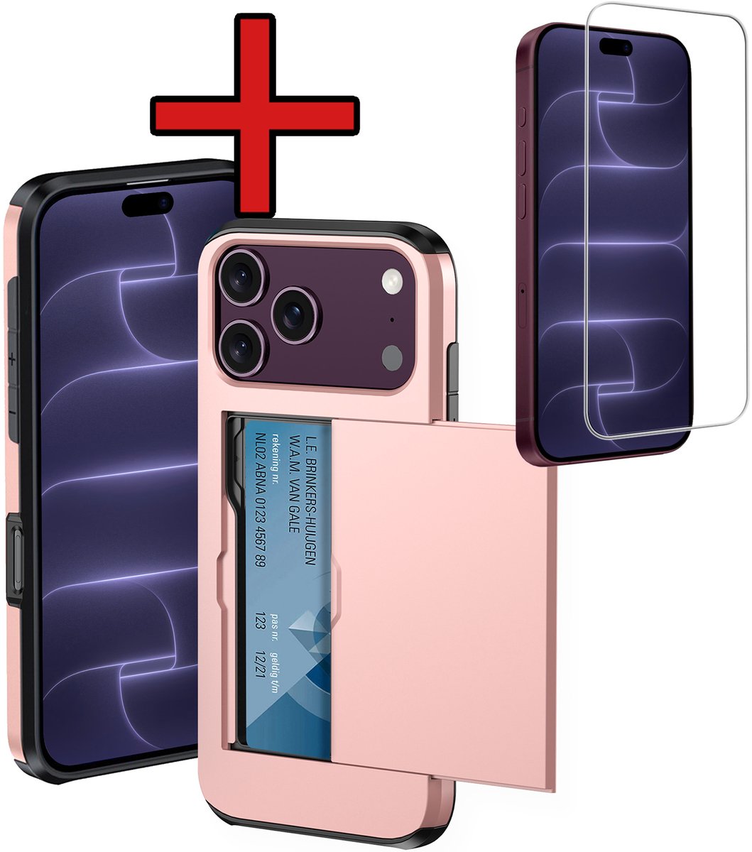 Hoesje Geschikt voor iPhone 18 Pro Hoesje Met Pasjeshouder Hard Case Met Kaarthouder Met Screenprotector - Hoes Geschikt voor iPhone 18 Pro Hoesje Pashouder Case - Rosé goud