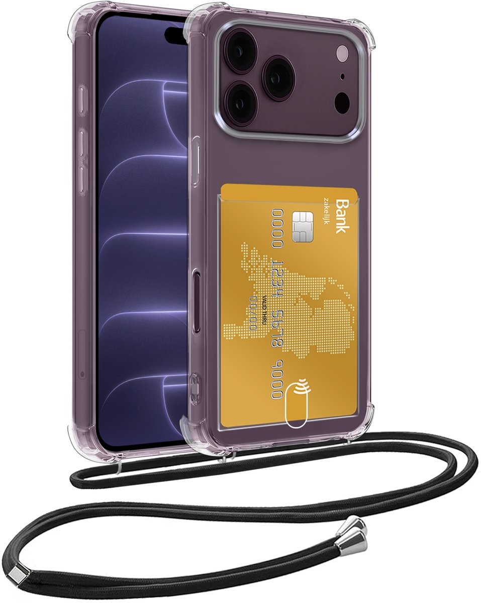 Hoesje Geschikt voor iPhone 18 Pro Max Hoesje Met Telefoonkoord en Pasjeshouder Siliconen - Hoes Geschikt voor iPhone 18 Pro Max Hoesje Met Kaarthouder Shock Proof Case - Transparant