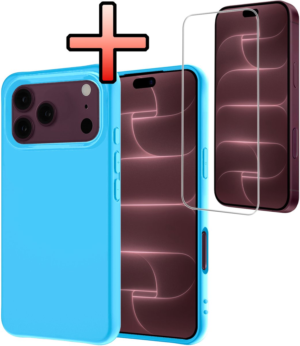 Hoesje - Met Screenprotector - Geschikt voor Apple iPhone 18 Pro - Sterk & Shockproof - Back Cover - Siliconen Case - Telefoon Hoes - Lichtblauw
