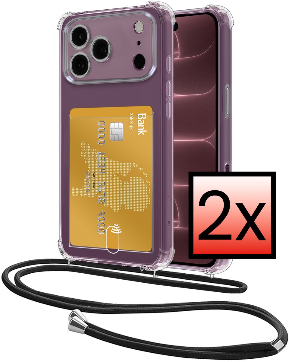 Hoes Geschikt voor Apple iPhone 18 Pro Hoesje Pasjeshouder Cover Met Koord Shock Proof Case Siliconen Hoes Met Telefoonkoord en Kaarthouder - Transparant - 2 PACK
