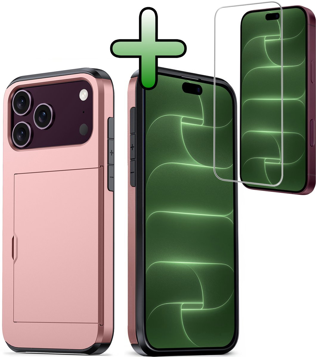 Hoes Geschikt voor iPhone 18 Pro Max Hoesje Hard Case Met Pas Houder Met Screenprotector - Hoesje Geschikt voor iPhone 18 Pro Max Hoes Shockproof Hard Cover Met Kaarthouder - Rosé goud