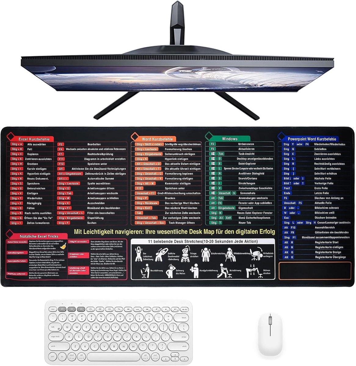 Grote XXL Bureau Onderlegger, 900 x 400 mm, Ideaal voor Word, PPT en Excel, Handige Cheat Sheet voor Kantoorgebruik