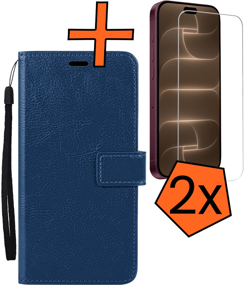 Hoes - Met 2x Screenprotector - Geschikt voor Apple iPhone 18 Pro - Luxe Pasjeshouder - Bookcase Portemonee - Flip Case - Kunstleer Book Case - Flipcase Hoes - Book Cover - Walletcase - PortemonneeHoes - Donkerblauw