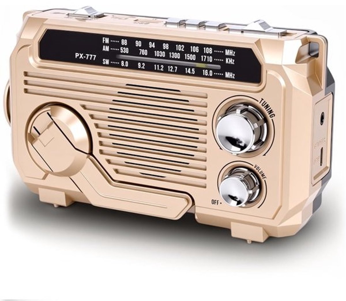 Noodradio met handcrank - Radio op zonne-energie - Luisteren tijdens buitenactiviteiten - Met zaklampfunctie - 19.99 x 11.99 cm - Khaki