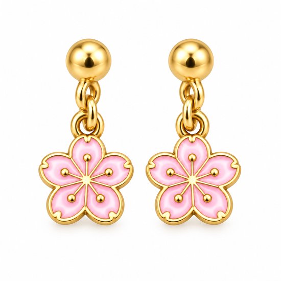 Boucles d'oreilles dorées avec pendentifs fleur de sakura émaillée rose.