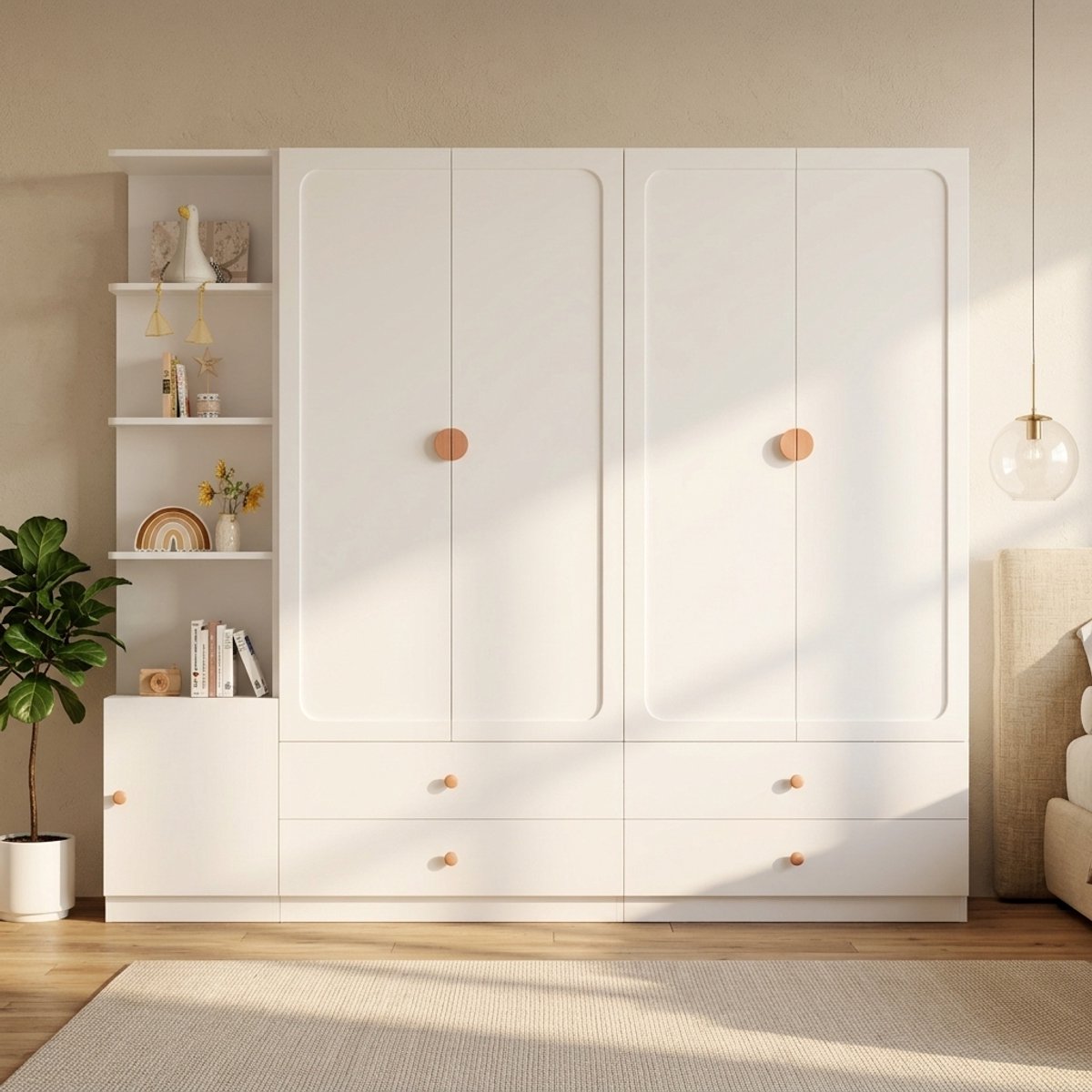 MIVRAY Kledingkast - Drie Kledingroedes En Vier Lades - Voor Slaapkamer, Hal En Kantoor - Hout, MDF En Staal - 225x45x200 Cm - Wit