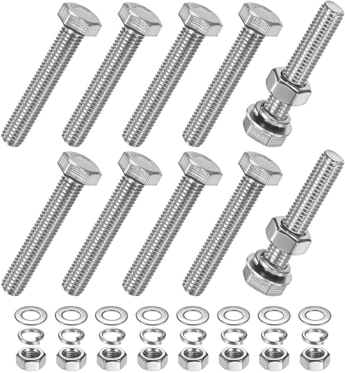 20 stuks zeskantkopschroeven met platte ringmoeren en remringen M8 x 45 mm set schroeven en moeren van roestvrij staal, volledige schroefdraad, metrisch assortiment