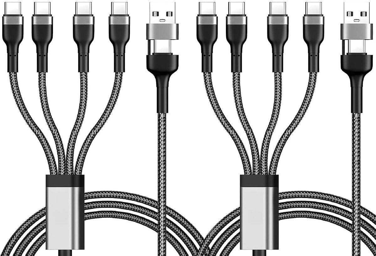 2 stuks multi-USB-C-oplaadkabel, 1,2 m, met 4 USB C-poorten, USB-C-oplaadkabel voor meerdere apparaten, compatibel met - ShopVlot