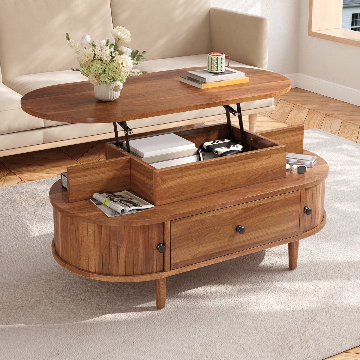 MIVRAY Salontafel - Ovale Hefplaat Met Opbergruimte En Lade - Voor Woonkamer En Thuiswerken - 105x50x60,5 Cm - MDF - Walnoot