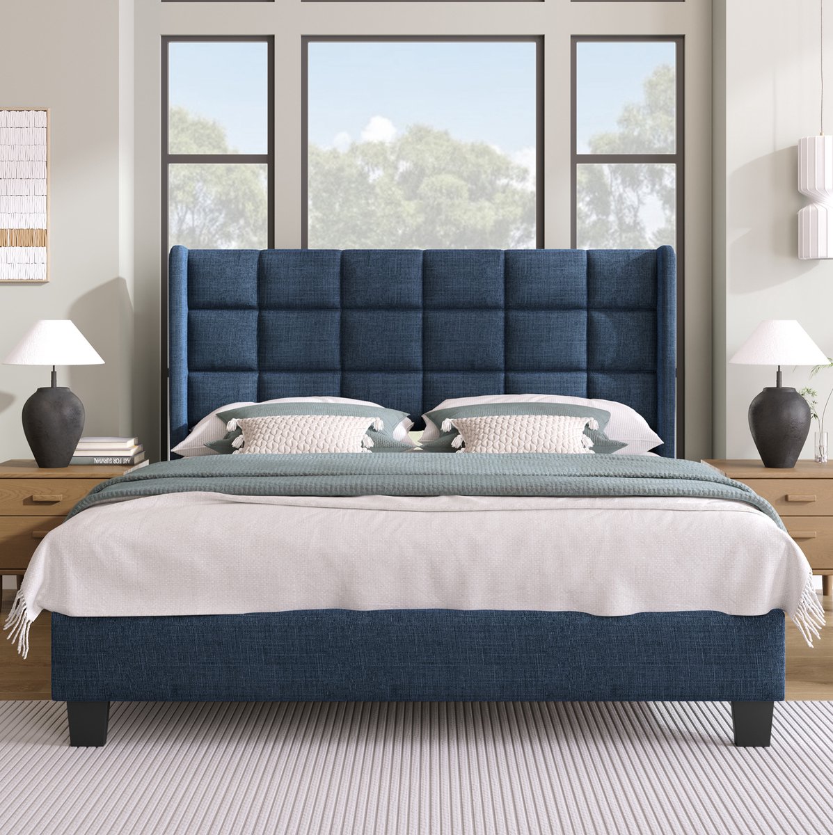 WUVRIE Gestoffeerd tweepersoonsbed 140x200 cm met lattenbodem en hoog hoofdbord, blauw