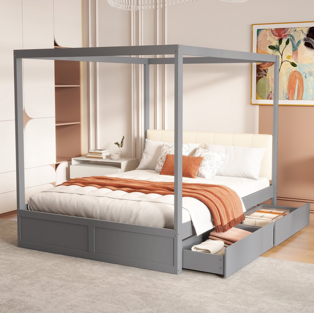WUVRIE Hemelbed 140x200 cm met 2 bedlades, gestoffeerde rugleuning en tentstructuur, grijs