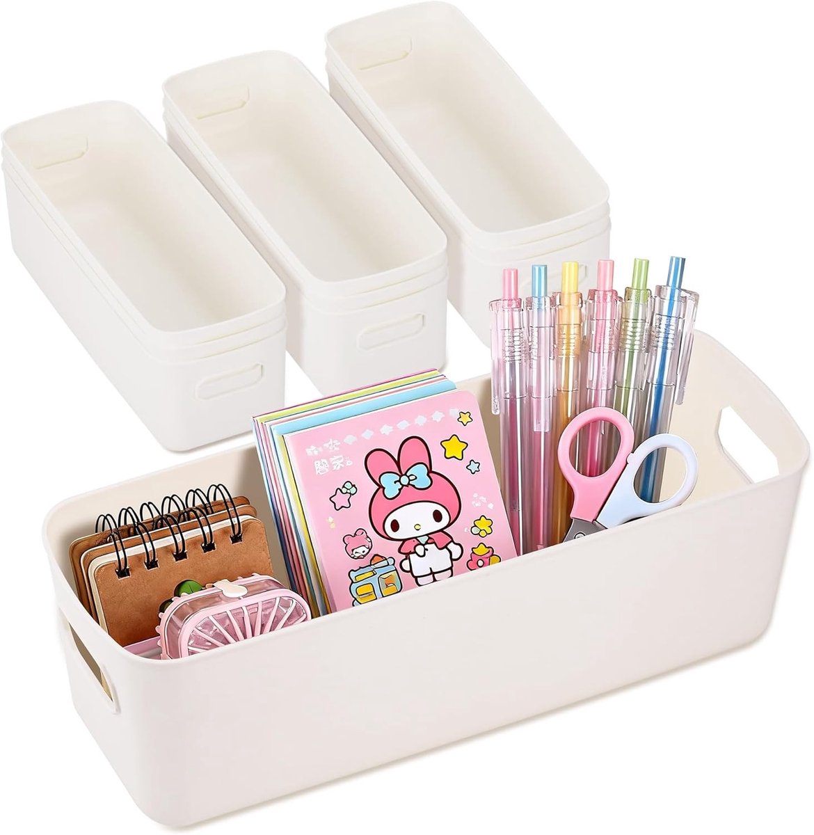 Set van 10 Opbergdozen van Plastic met Handvatten, Ideaal voor Badkamer en Keuken, Smalle Witte Dozen (26 x 9 x 8.5 cm) voor Organisatie en Ruimtebesparing