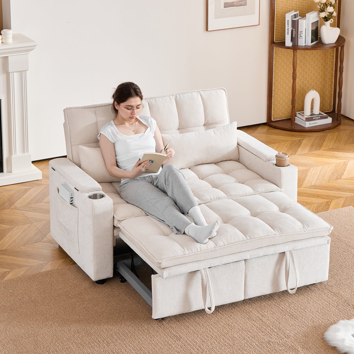 STILVORA Slaapbank 142 Cm - Drie Functies Met Ligstand, Opbergruimte En Bekerhouders - Voor Woonkamer En Logeerkamer - Chenille Beige