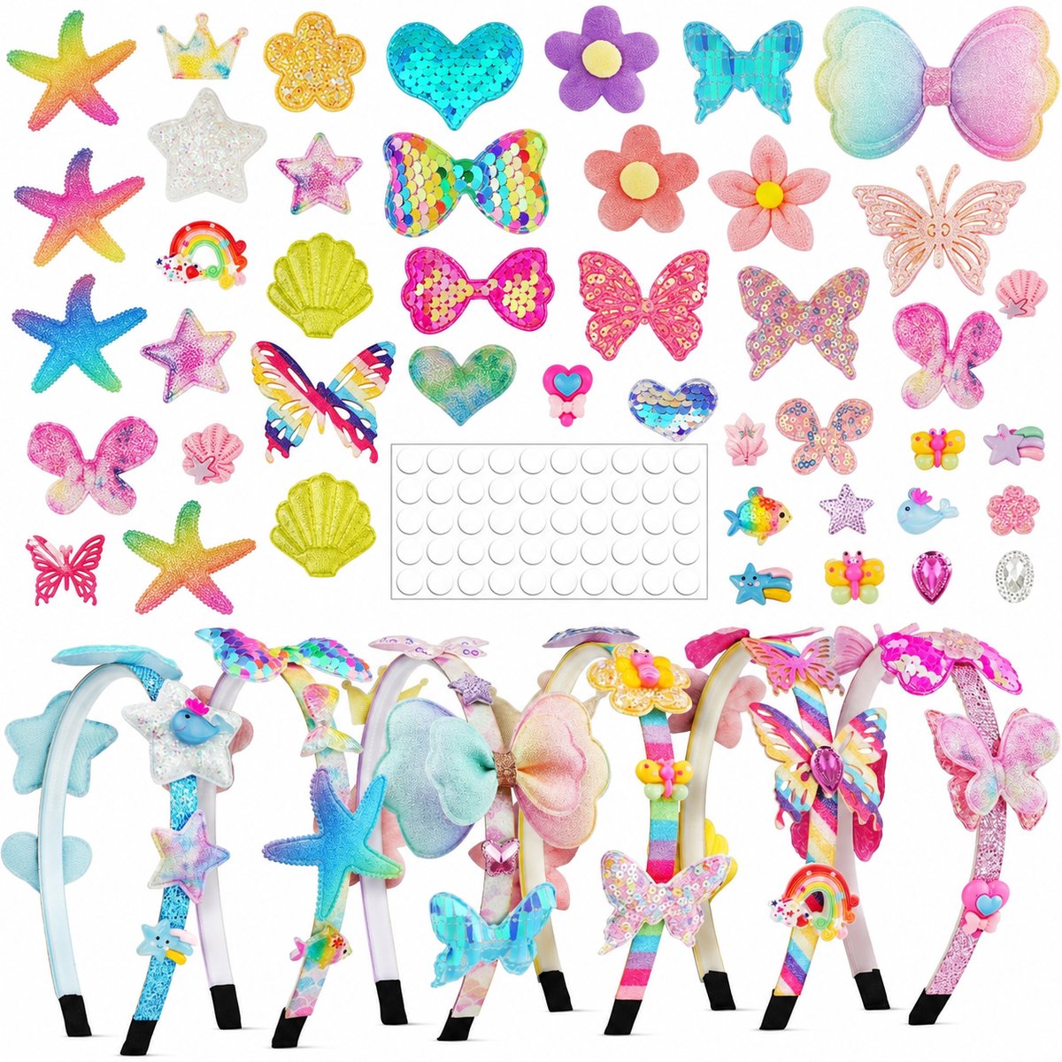 Haarband knutselset meisjes - DIY haaraccessoires - Creatief knutselpakket cadeau - Hoofdbanden zelf versieren - Zes unieke designs - Decoraties met plakpunten - Gemengde stijl - Leeftijd 5-12 jaar