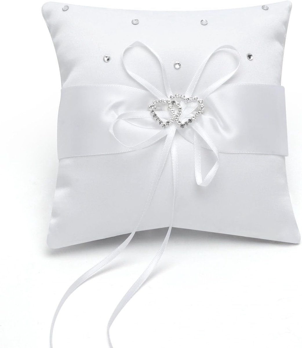 Elegante Witte Ringkussen voor Trouwen, Perfect voor Ceremonie en Huwelijksaanzoek, 15x15 cm, Met Strik en Luxe Afwerking