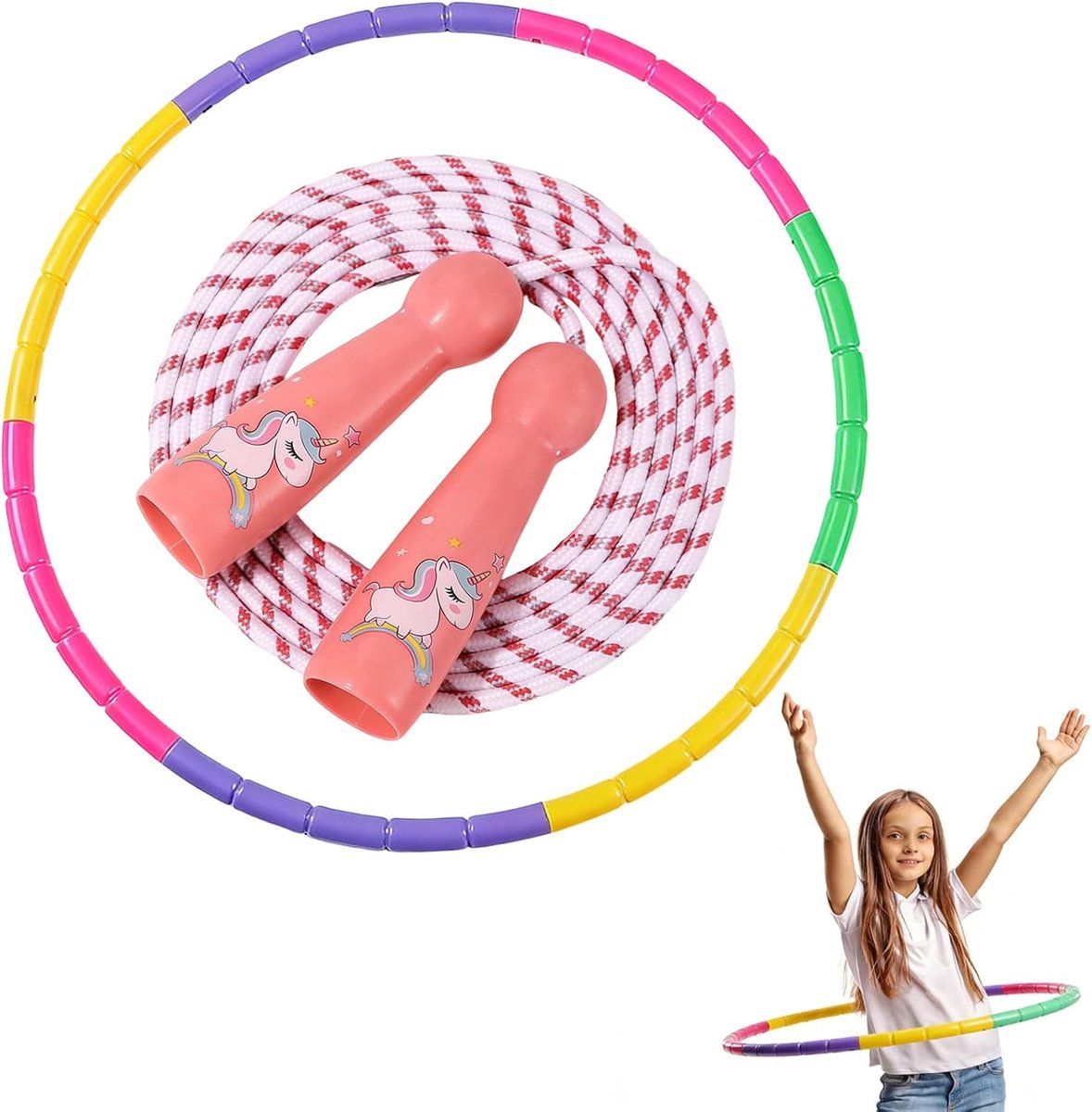 Hula Hoop Set met Springtouw en 7 Accessoires voor Actieve Kinderen en Volwassenen, 64 cm, 100 g