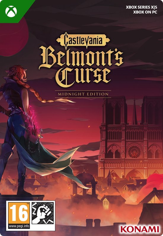 Castlevania: Belmont's Curse Midnight Edition hoes voor Xbox met een krijger tegen een gotische kathedraal bij zonsondergang.