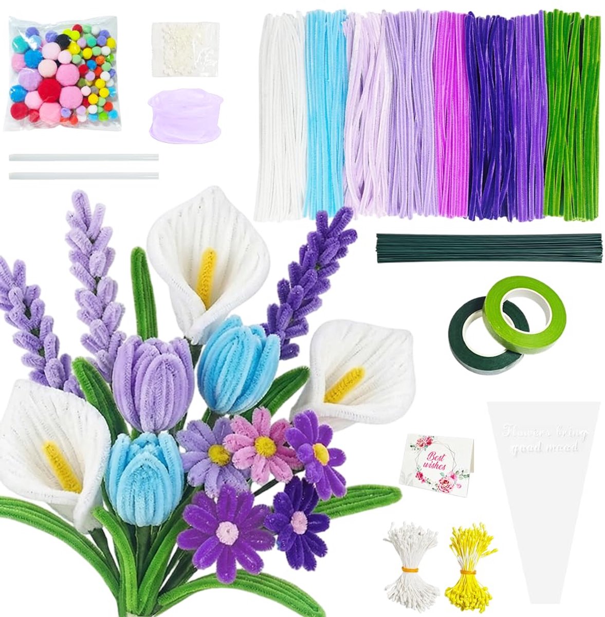 Pijpenragers knutselset - Bloemen maken DIY - Creatieve boeketten maken - Chenille draad pakket - Inclusief knutselaccessoires - Flexibel voor vormen - Meerkleurig A - Set 541 stuks